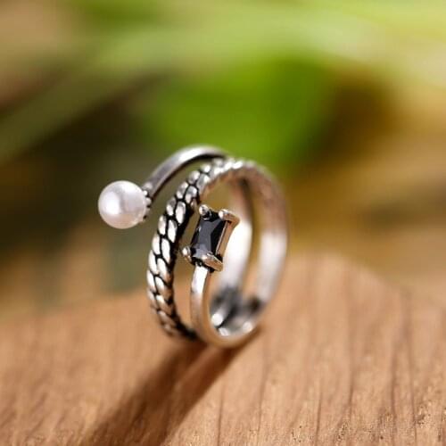 Vintage Female Small Pearl Adjustable Ring 925 Sterling Silver Engagement Rings For Women Vintage Black Square Wedding Ring
