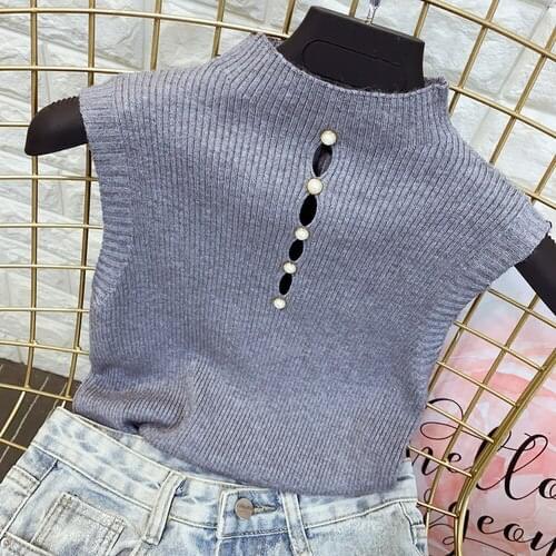 Wonen Knit Top Sexy Hollow Beaded Turtleneck Vest Shirt Womens Chic Slim-Fit Elastic Solid Color Sleeveless Shirt Tops