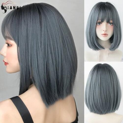 DIANQI 14 Inch Women Cosplay Wigs Natural Comfortable Synthetic Bob Wig for Women blue gray Shoulder short Straight Hair