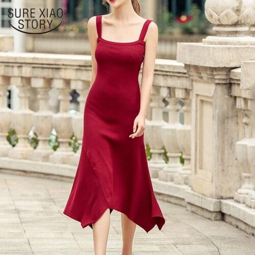 2020 Summer Elegant Knitted A-dress Female Light Ripe Sexy Temperament Dress Solid French Slash-Neck Irregular Midi Dress 9328