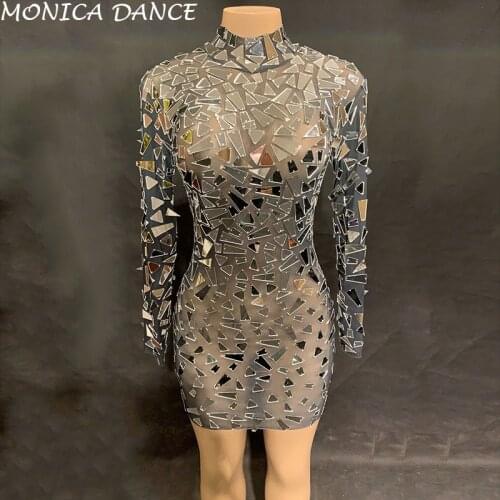 Women Sexy Sparkly Mirrors Mesh Dress Nightclub Birthday Celebrate See Through Dress Sexy Skinny Costume Dance Stretch Dress