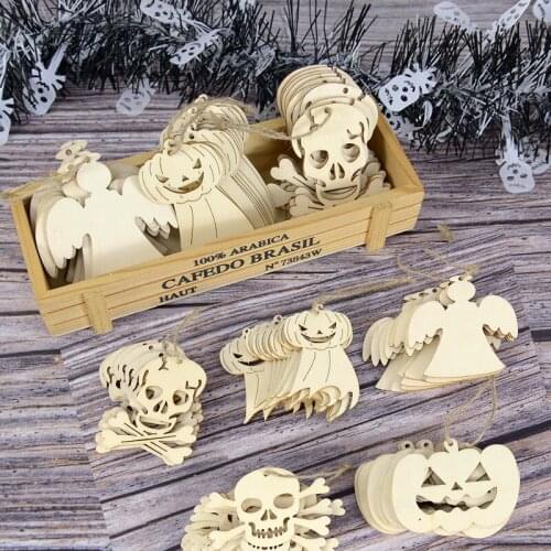 10Pcs Hanging Wood Pendant Halloween Decoration For Home Decor Skull Pumpkin Ghost Sling Tag Navidad Door Wall Decor Wood Crafts