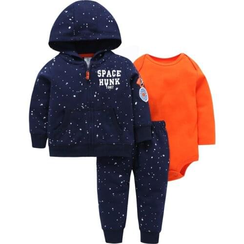 2019 New Arrival 3pcs Cotton Hoodie Set of Jacket Vest Bodysuit and Pants Baby Boy Girl Clothing Set Toddler Clothes