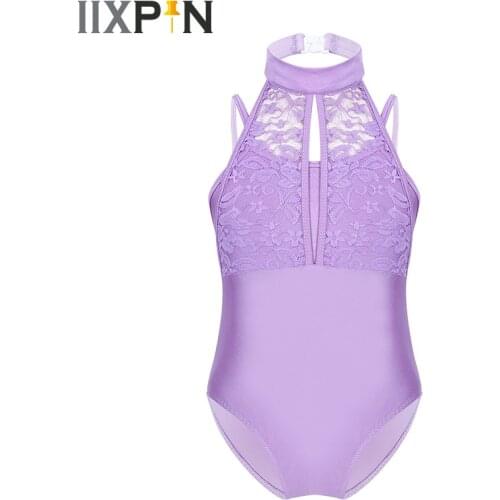 Ballet Gymnastics Leotard for Girls Kids Spaghetti Shoulder Straps Turtle Neck Lace Overlay Bodice leotard Ballet Dance Jumpsuit