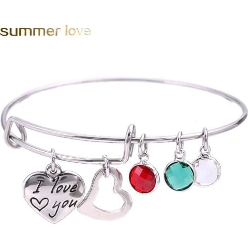 Trendy Stainless Steel Heart Expandable Wire Bracelets Bangle For Women Birthstone Charm Bracelet Jewelry Christmas Mum Gifts