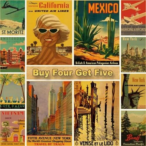 Vintage Art Painting Sticker for Home Bar Retro Kraft Paper Posters Travel Cities Landscape Poster Cafe House Wall Picture