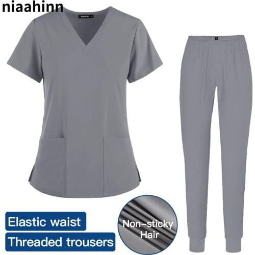 Pet Grooming Work Set Costumes Short-sleeved Nurse Uniform V-neck Lab Clothing Solid Color Workwear Dentist Jogging Work Clothes