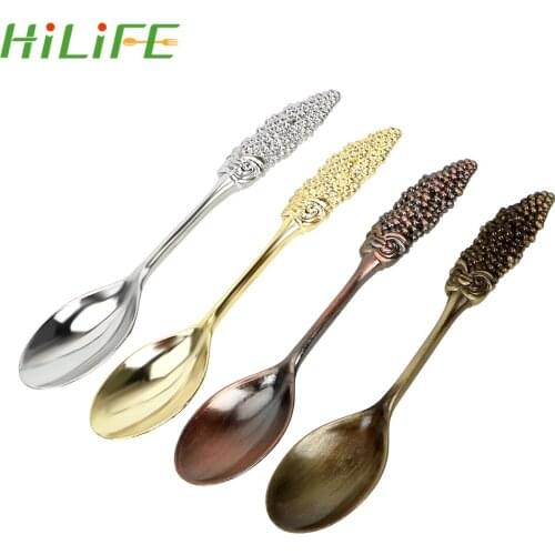 HILIFE `Kitchen Accessories Coffee Spoon Coffee Desserts Tea Tablespoon 10cm Length Mulberry Shape Metal Carved Vintage Creative