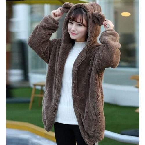 Women Cute Jacket Zipper Girls Loose Fluffy Bear Ear Hooded Coat Female Hooded Warm Outerwear