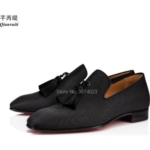 Qianruiti Mens Canvas Loafers Slip On Tassel Flat Shoes Office Men Black Dress Shoes Men Party Wedding Shoes Big size