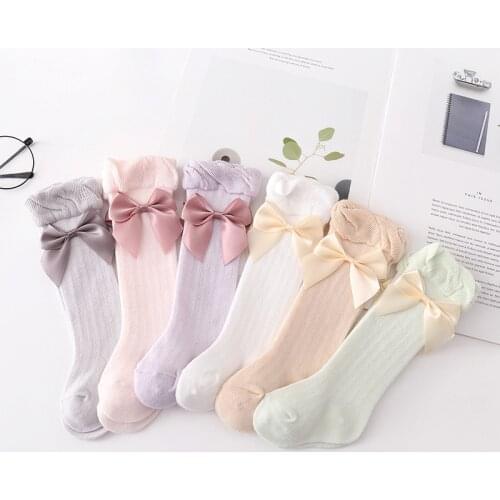 Cute Baby Girl Socks Bowknot Summer Infant Toddler Knee High Socks Solid Color Breathable Soft Cotton Girls Long Socks