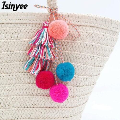 ISINYEE Fashion Pompom Tassel Key Chains For Women Bag Sleutelhanger Pom Pom Ethnic Keychain Bohemian Statement Jewelry Chaveiro