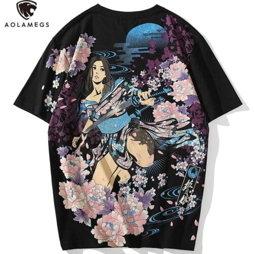 Aolamegs Cherry Blossoms Japanese Geisha Print T-shirts Mens All-match Loose Tshirts Casual Tops Tees Shirts Hip Hop Streetwear