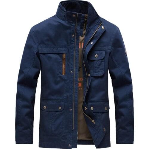Men Jacket Solid Color Stand Collar Men Multi Pockets Zipper Skin-friendly Coat Loose Multi Pockets Zipper Coat Casual Jacket