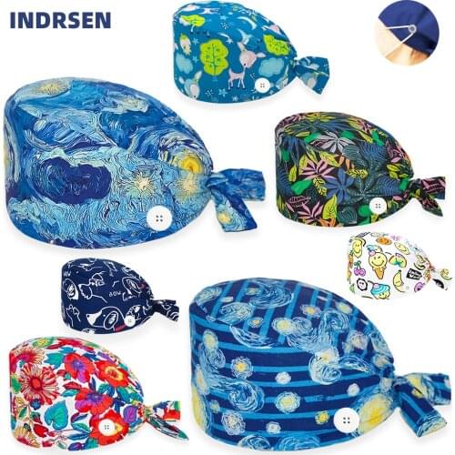 New Surgicals Hat Adjustable Pure Cotton Anime Printing Nursing Cap Clinic Pet Shop Beauty Salon Nurse Scrub Hat for Women Men