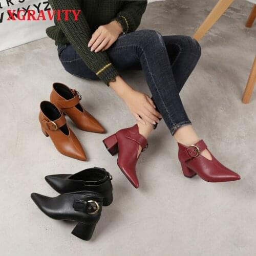 XGRAVITY New Spring Sexy V Cut High Heel Boots Elegant Snakeskin Women High Heeled Ladies Chunky Heel Ankle Boots Female Shoes
