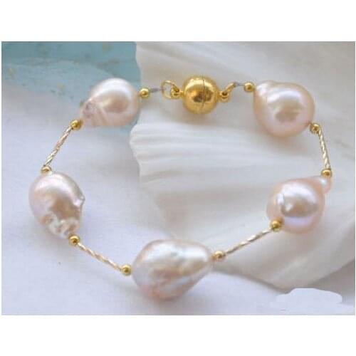Charming Luck Pearl Jewellery,8'' 16mm pink Baroque Keshi Reborn Pearl gild 5star bracelet,magnet clasp