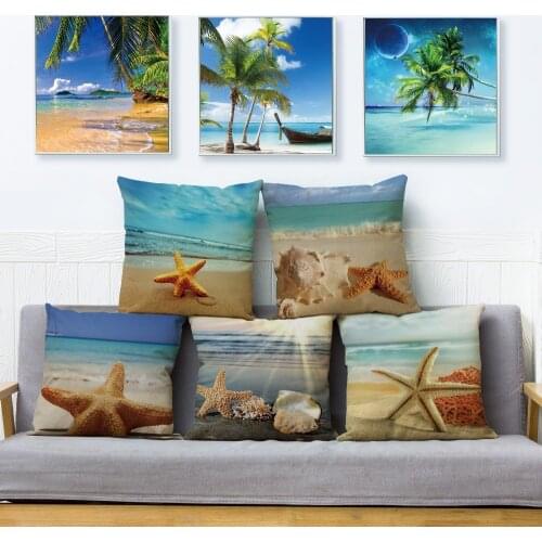 Beach Scenery Seashells Starfish Cushion Cover for Sofa Home Decor Throw Pillowcase Print Scenic Pillow Case Linen 45*45cm