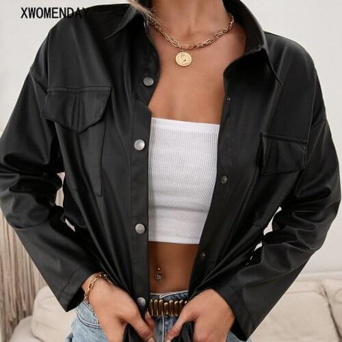 Women Motorcycle Faux Leather Jacket Fashion Button Long Shirt Jackets Casual Loose Coat Ladies Black Autumn Streetwear 2021