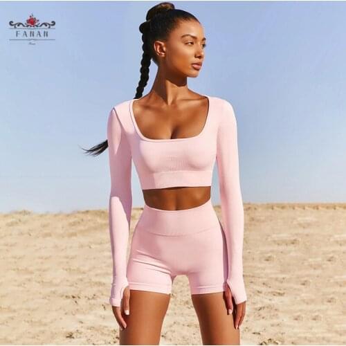 Women Seamless Yoga Suits Running Sportswear Long Sleeve T-Shirt High Waist Shorts 2pcs Outfits Solid Color Tights Gym Clothing