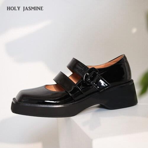 2021 Autumn Patent Leather Slip-On Platform Mary Janes Womens Shoes Fashion Belt Buckle Thick Heel Size 34-39 Handmade pumps