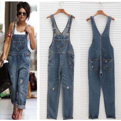 2020 New Stylish Casual Loose Vintage Women Denim Overalls Scratched Washed Ripped Hole Girl Full Lengt Pants Female Jumpsuits