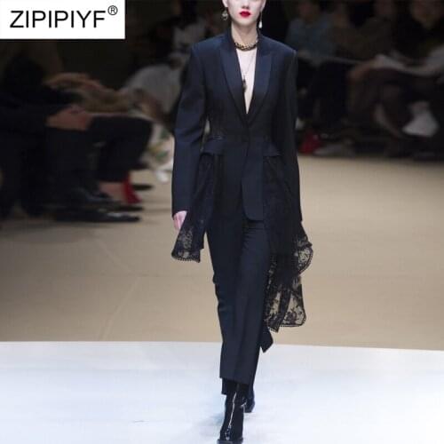 2019 Spring fashion new womens long sleeves qualities suit OL Splice loose Lace slim set Blazer+pants Two pieces Set H6866