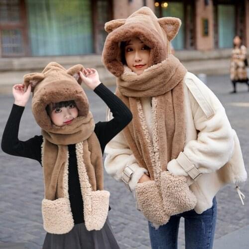Womens Winter Thickened Cartoon One-Piece Scarf Cycling Cold Protection Style Hat Gloves Scarf Three-Piece Parent-Child Suit