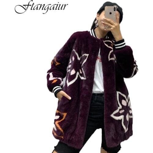 Ftangaiur 2021 Winter Import Velvet Mink Fur Coat Print Flower O-Neck Loss Mink Coat Women Medium Natural Real Mink Fur Coats