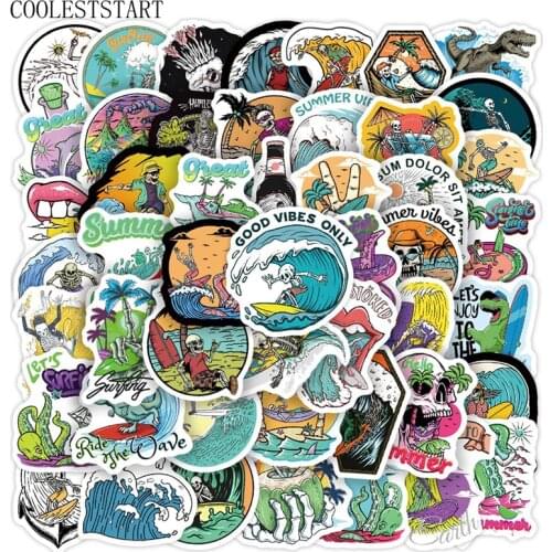 10/50Pcs Cartoon Summer Surfing Skull Stickers For Motorcycle Skateboard Bicycle Laptop Refrigerator Mobile Guitar Backpack Gift