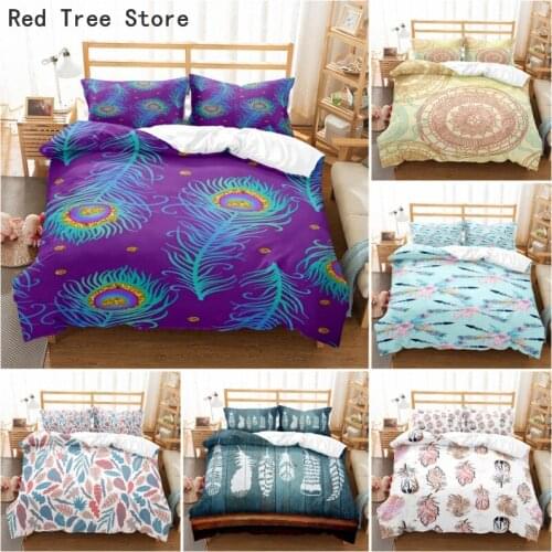 2/3 PCS Microfiber Duvet Cover Peacock Feather Printing Bedding Set Pillowcase Kids Girl Single Double Twin Size Retro Bedspread