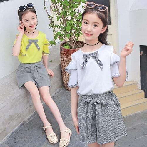 2021 Summer New Girls' Summer Wear Childrens Chiffon Off Shoulder Lace T-shirt Plaid Shorts Two Piece Set Baby Girl Clothes