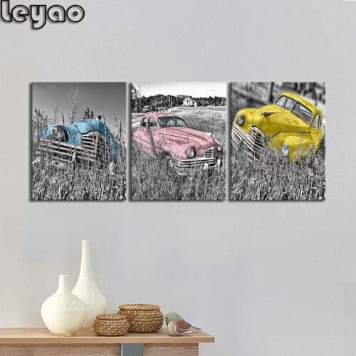 Diamond Painting 3 Piece Colorful Vintage Car Picture Triptych Diamond Embroidery Black and White Artwork Rustic Country Style