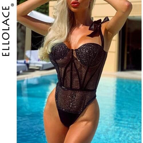Ellolace Shinny Bodysuit Women Bow Strap Bodycon Body Sexy Fitness Bodys For Women Sleeveless Womens Lace Bodysuit Overalls