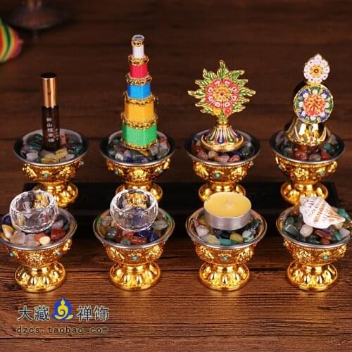 Buddhist Supplies Eight Full Set With Gilt Bowls Gemstone Doma Shizi Fragrant Tower Oiled Ghee Conch