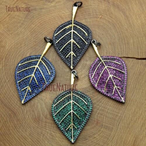 Black Green Czech Clear Zircon Beads Inlay Pave Leaf Plant Necklace Pendants Gold Finish Charm Jewelry Made In 49*27 mm PM10492