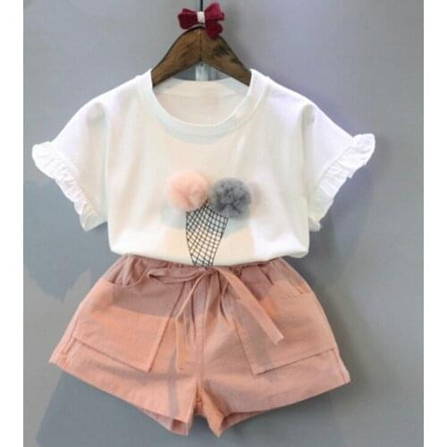 TELOTUNY Childrens clothing Toddler Kids Baby Girls Ice cream printing Short Sleeve Cotton T-Shirt Tops +Bowknot Shorts Set Jun