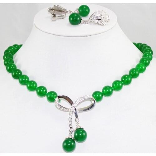 Noblest 10mm green Jades necklace 17 inch pendant earrings set