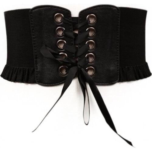 Fashion Women Cummerbunds Lady Stretch Lace Waist Belt Wide Elastic Corset Waistband Corset Around Cinch PU Leather Tie Bowknot