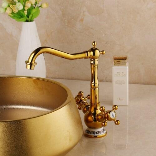 Bathroom Swan Basin Faucet Set Bowl Sinks Vessel Basins Ceramic Basin Sink Polished Golden Faucet Tap Set Golden Ceramic