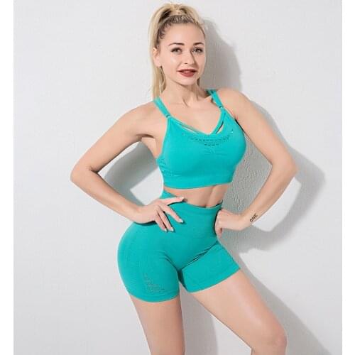 Seamless Yoga Set 2 Piece Set Women Gym Top+Sport Shorts For Women Mesh Breathable Ropa Deportiva Mujer Solid Sport Set Women