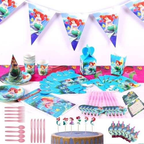 Disney Disposable Party Tableware Mermaid Ariel Princess Birthday Decoration Cup And Plate Kids Shower Birthday Party Supplies