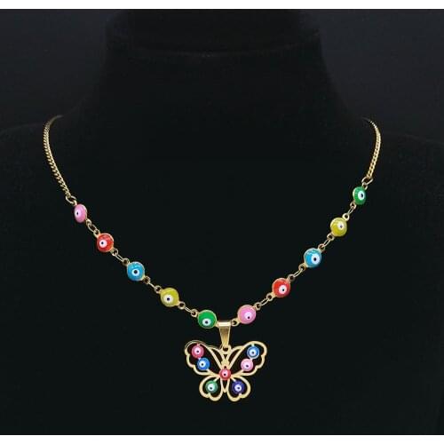 Stainless Steel Islam Moslin Colorful Turkey Eye Butterfly Charm Necklaces Gold Color Necklaces Jewelry collar mariposa N5213S04