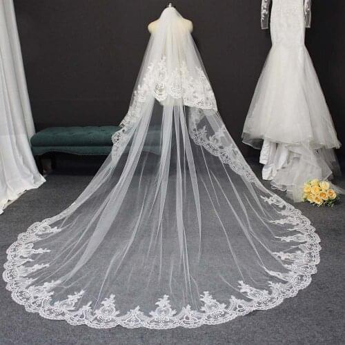 Luxury Long Lace Wedding Veil with Comb 2 Layers 3 Meters Bridal Veil Cover Face Bride Veil with Blusher Wedding Accessories