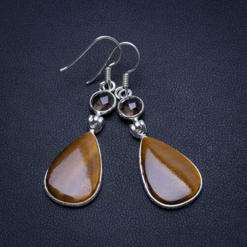 Natural Tiger Eye and Smoky Quartz Handmade Unique 925 Sterling Silver Earrings 2" T4763