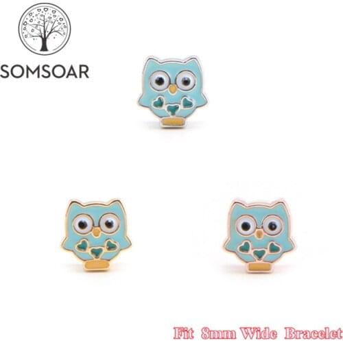 Somsoar Jewelry Lovely Owl oil drip Slide Charm fit 8mm Wide Leather Wrap Bracelet Mesh Bracelet as Toddler/Women 10pcs/lot