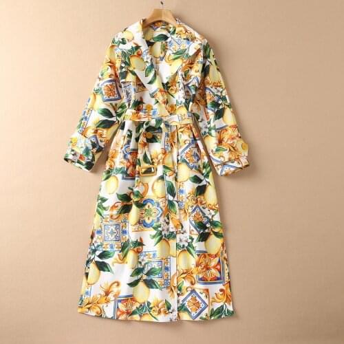 European and American womens autumn 2021 new Long sleeve lace-up Lemon court print Fashion trench coat