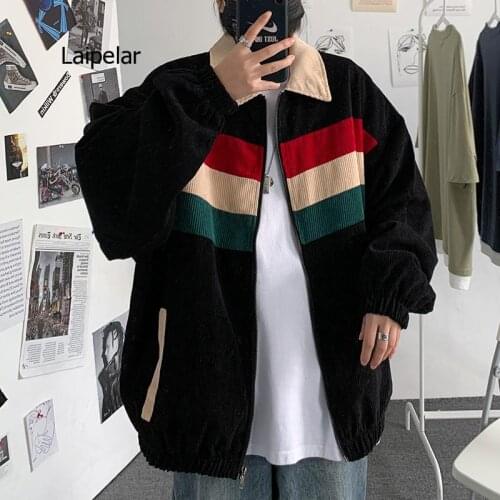 Corduroy Jacket Mens Fashion Contrast Color Casual Street Wear Wild Loose Hip Hop Bomber