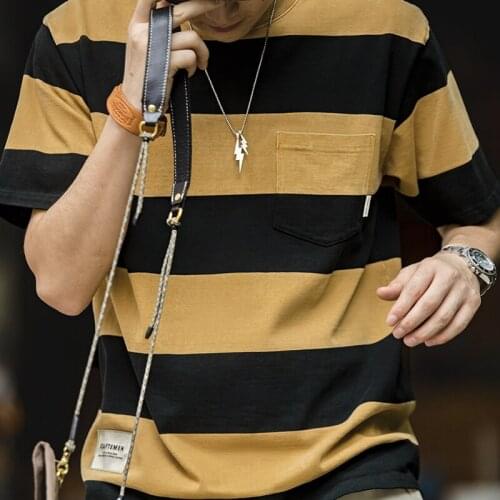 Maden Cargo American Retro Fashion New Cotton Stripe Loose O-neck T-shirt Summer Short Sleeve Casual Top High Quality Clothes