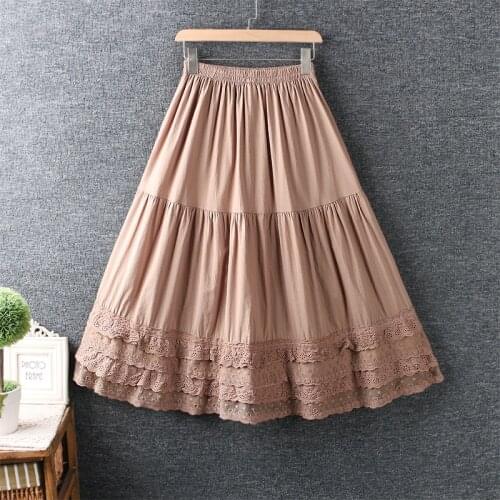 2021 New Summer Women Thin A-line Skirt Japan Style Mori Girl Solid Color Embroidery Lace Women Loose Cotton Skirt